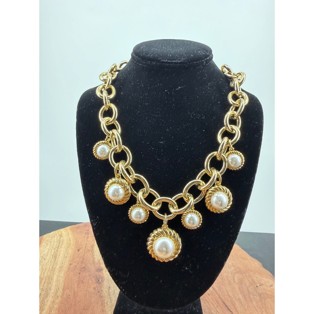 Talbots Faux Pearl Charm Chunky Chain Necklace Women One Size Gold Statement